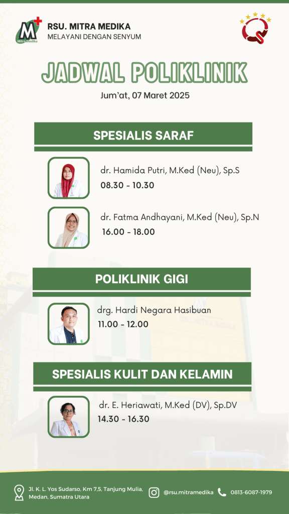 Jadwal Poliklinik Spesialis Saraf, Poliklinik Gigi & Kulit Kelamin